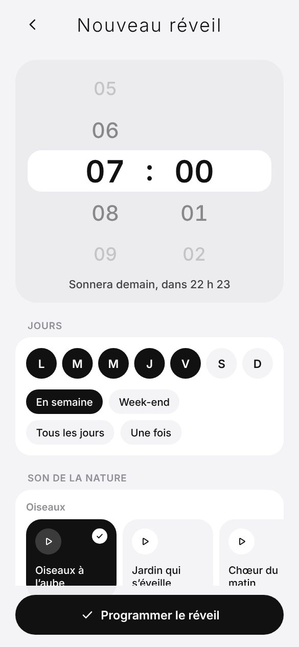 Nouveau réveil : heure, jours et sons de la nature