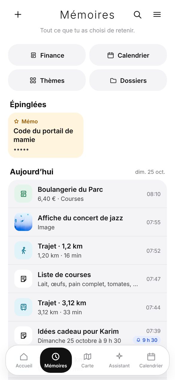 Mémoires : épinglées en haut, puis les mémoires du jour