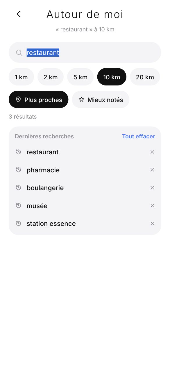 Dernières recherches affichées en touchant le champ