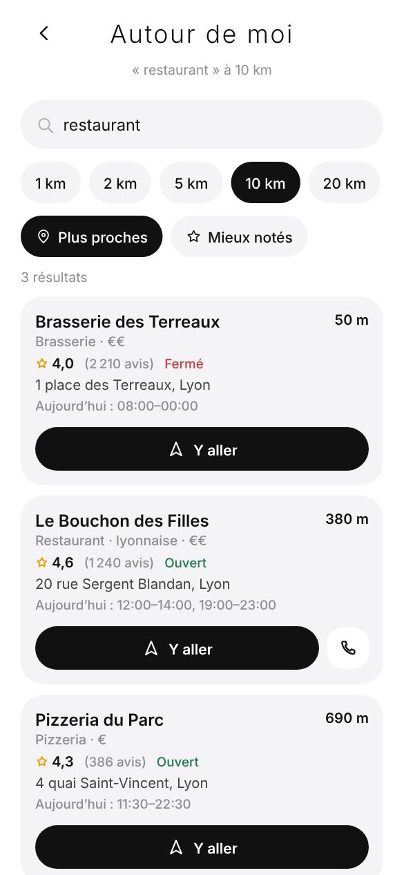 Autour de moi : restaurants à 10 km avec distance, horaires et itinéraire