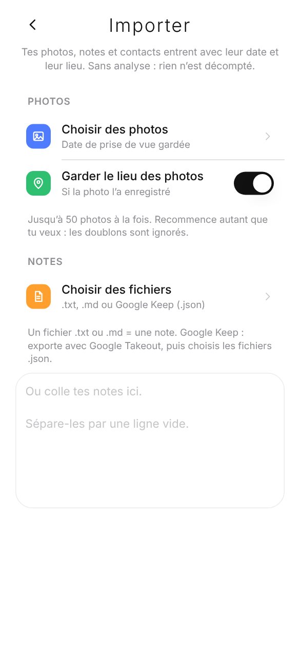 Écran Importer : photos, notes, et imports à analyser