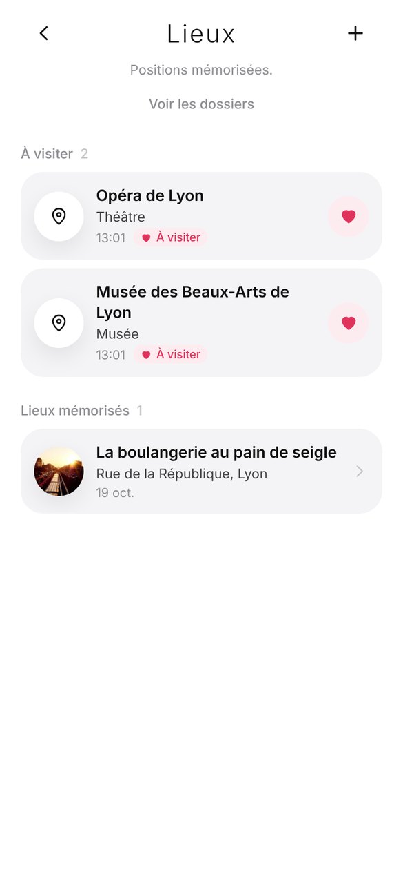 Écran Lieux : section À visiter avec les lieux mis en favori
