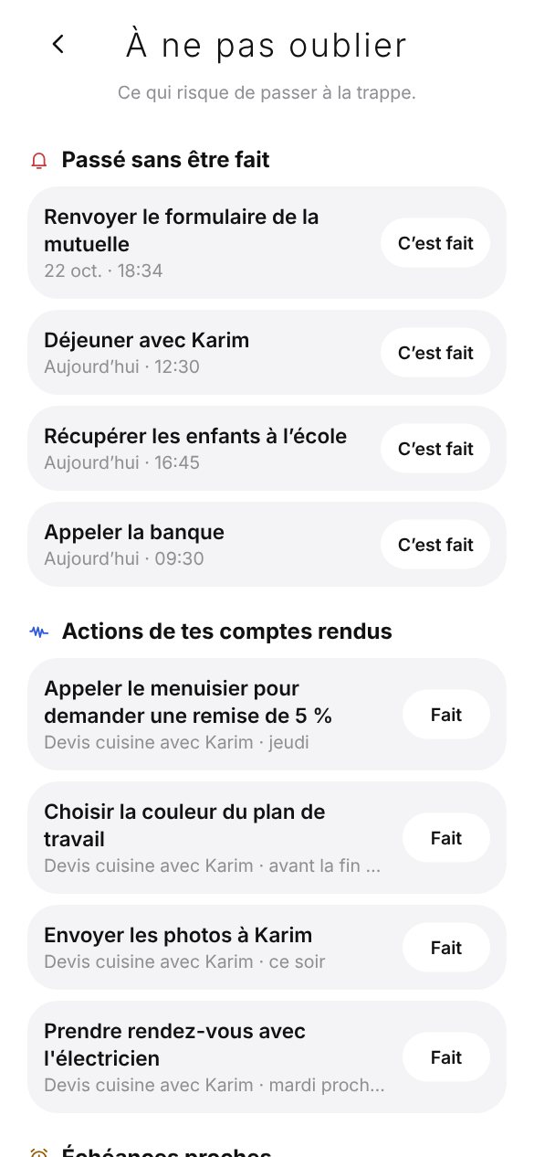 Écran À ne pas oublier : rappels passés, actions des comptes rendus, échéances