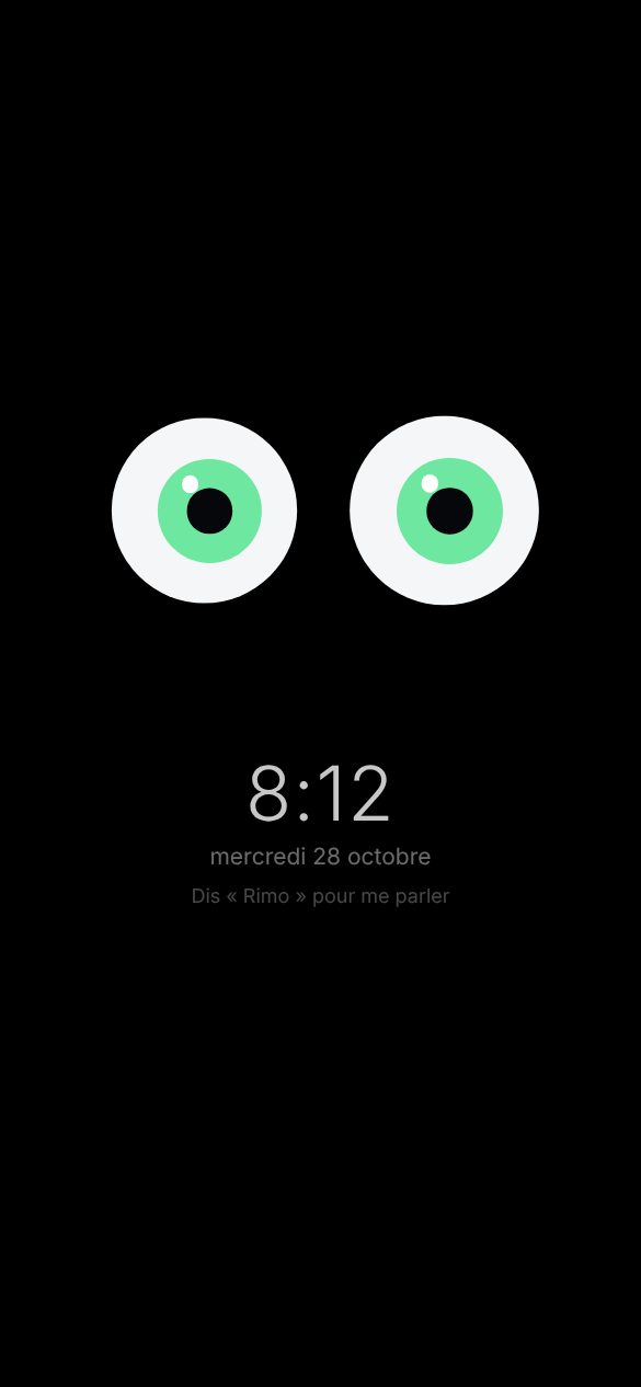 Mode visage en veille : deux yeux verts, l’heure et « Dis Rimo pour me parler »