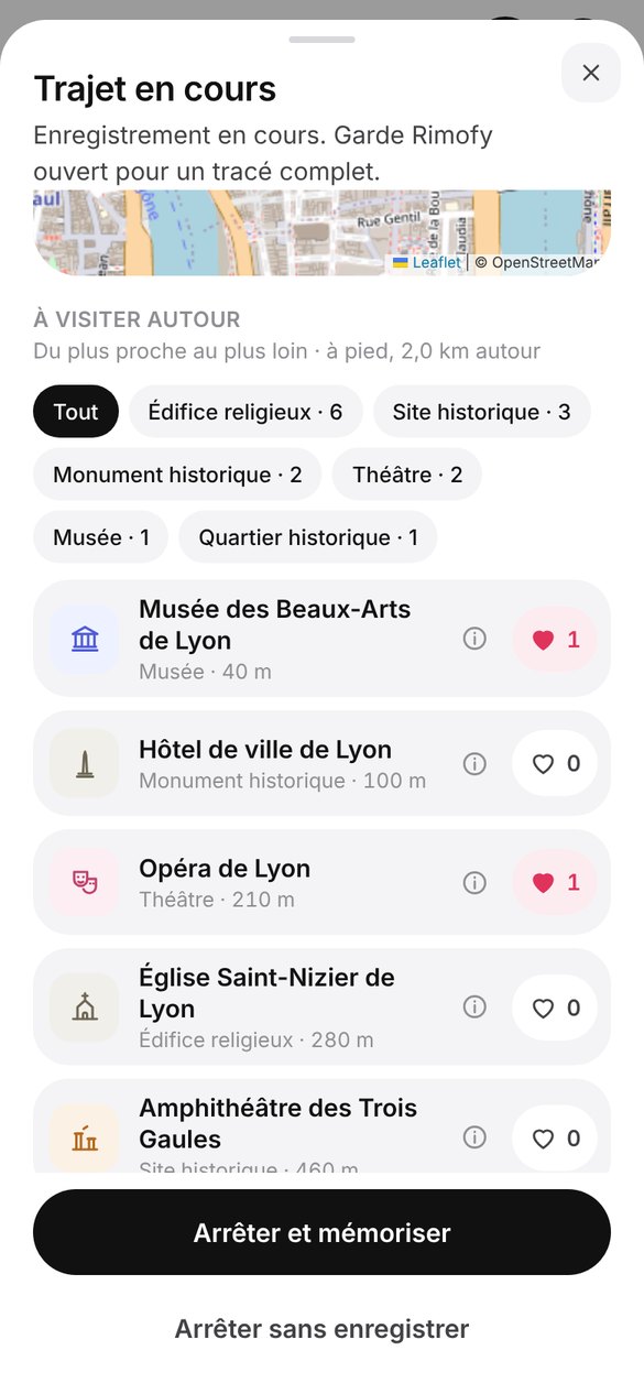 Trajet en cours : liste des lieux à visiter autour, du plus proche au plus loin, avec les cœurs des membres