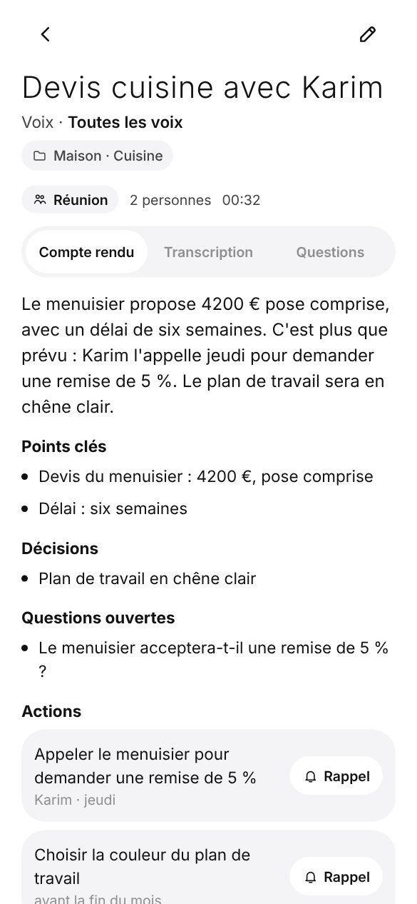 Compte rendu d’une réunion : résumé, points clés, décisions et actions avec bouton Rappel